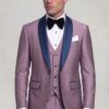 Light plum tuxedo with navy shawl lapels, matching vest and trousers in a front pose