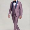 Light plum tuxedo with matching vest and trousers in a side walking pose