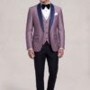 Full-body view of mauve plum tuxedo jacket and vest with black trousers