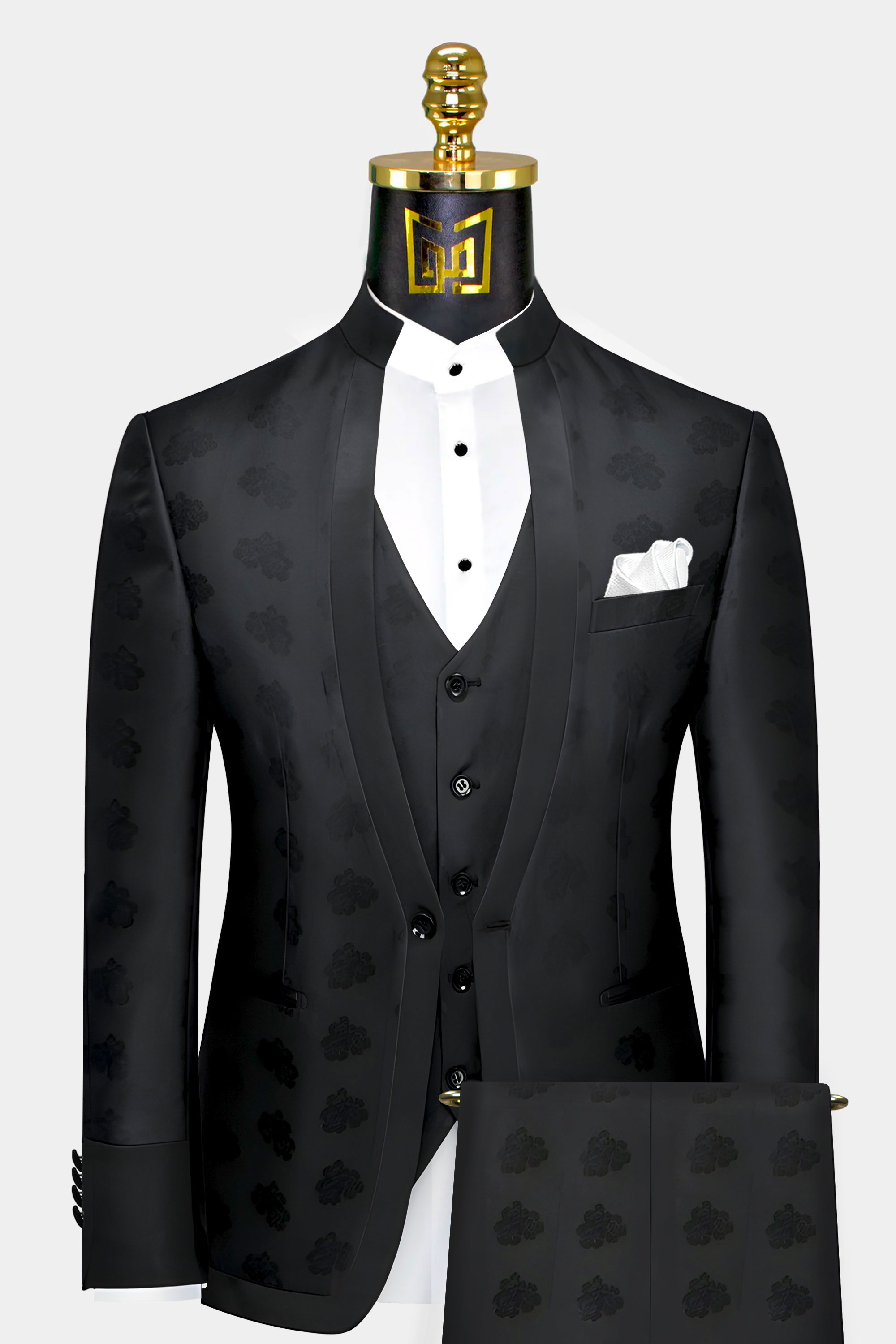 Black Floral Mandarin Collar Suit | Gentleman's Guru