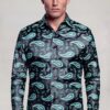 Men’s black and green paisley dress shirt front thumbnail