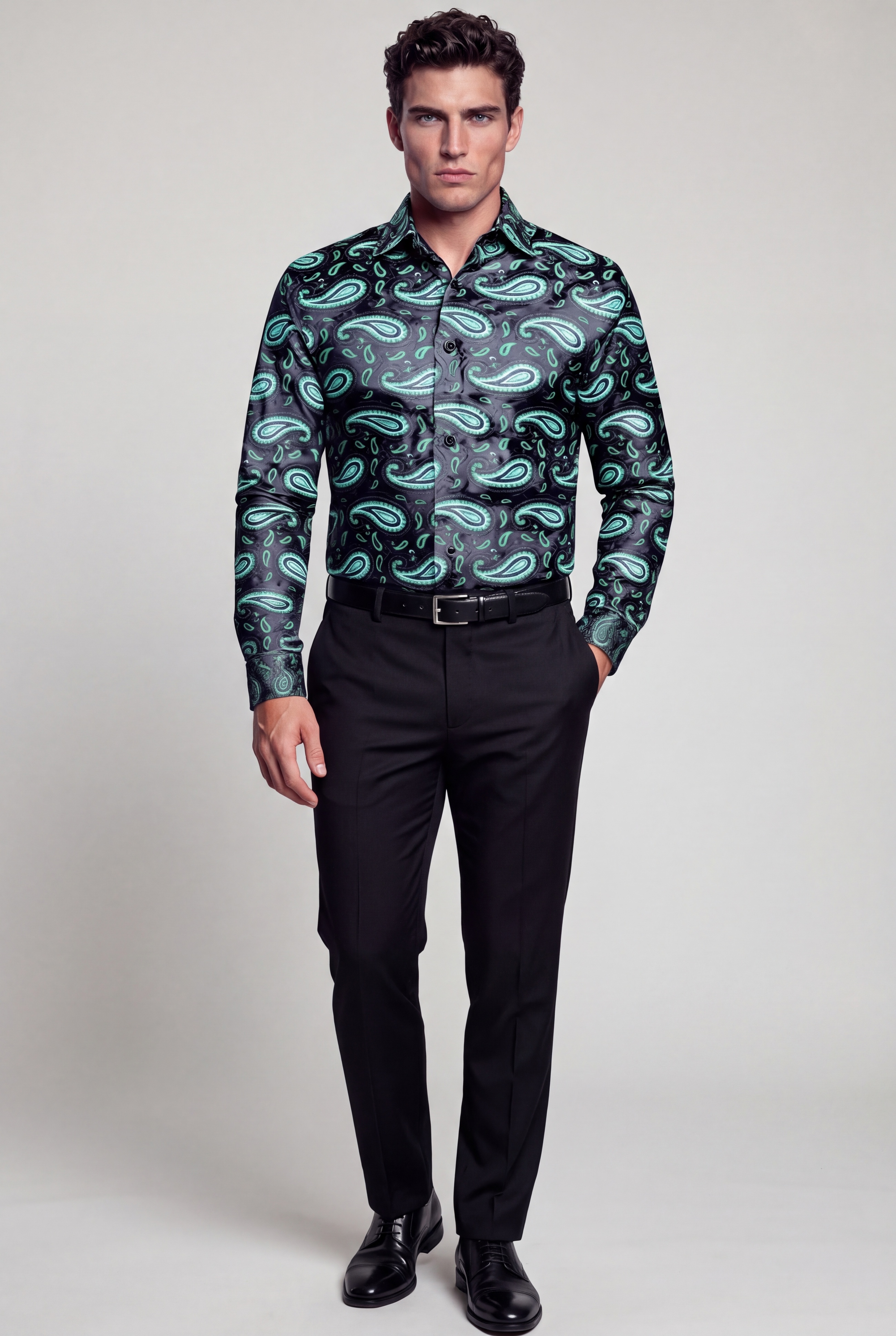 Men’s black and green paisley shirt full-body front view