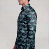 Men’s black and green paisley dress shirt side view