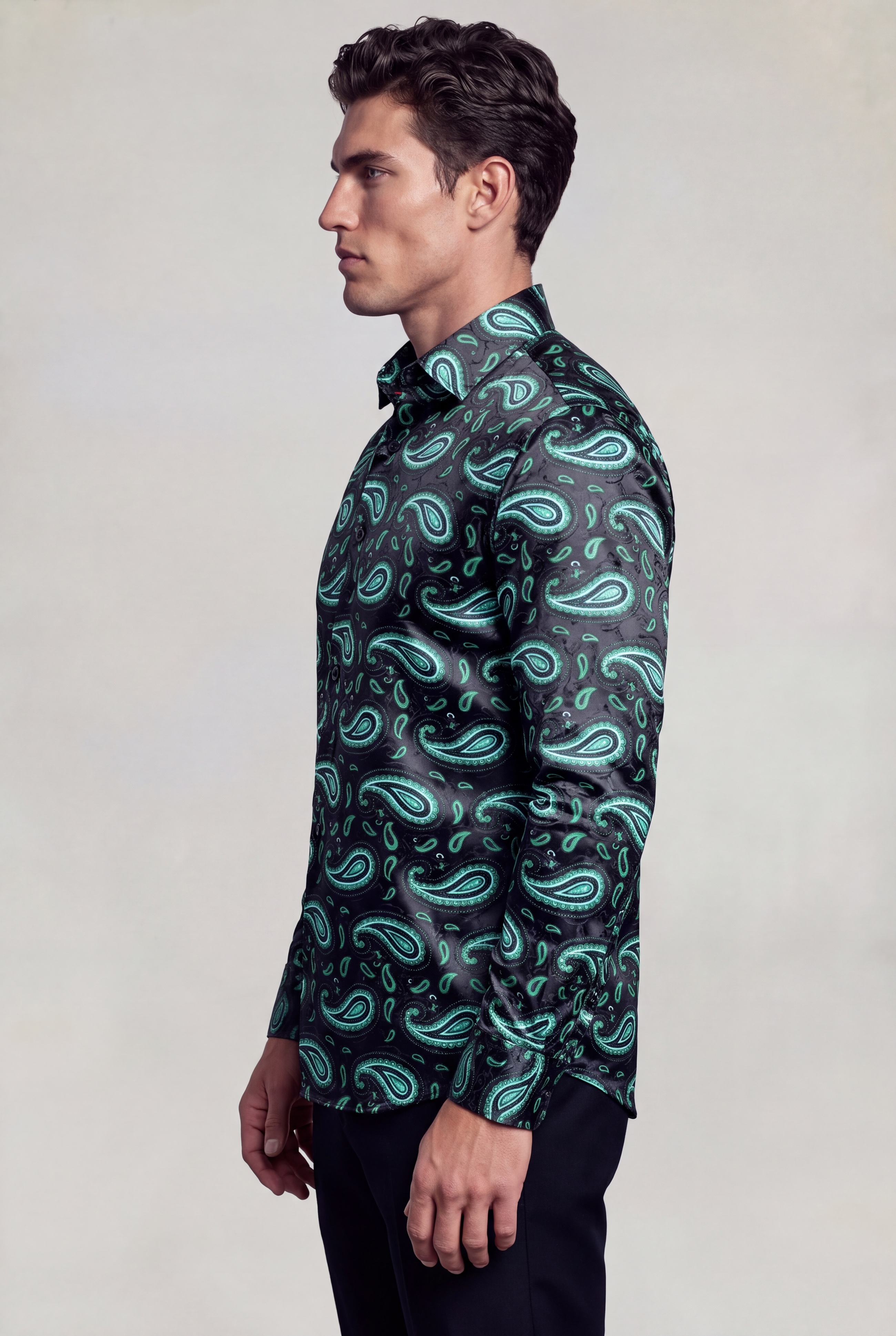 Men’s black and green paisley dress shirt side view