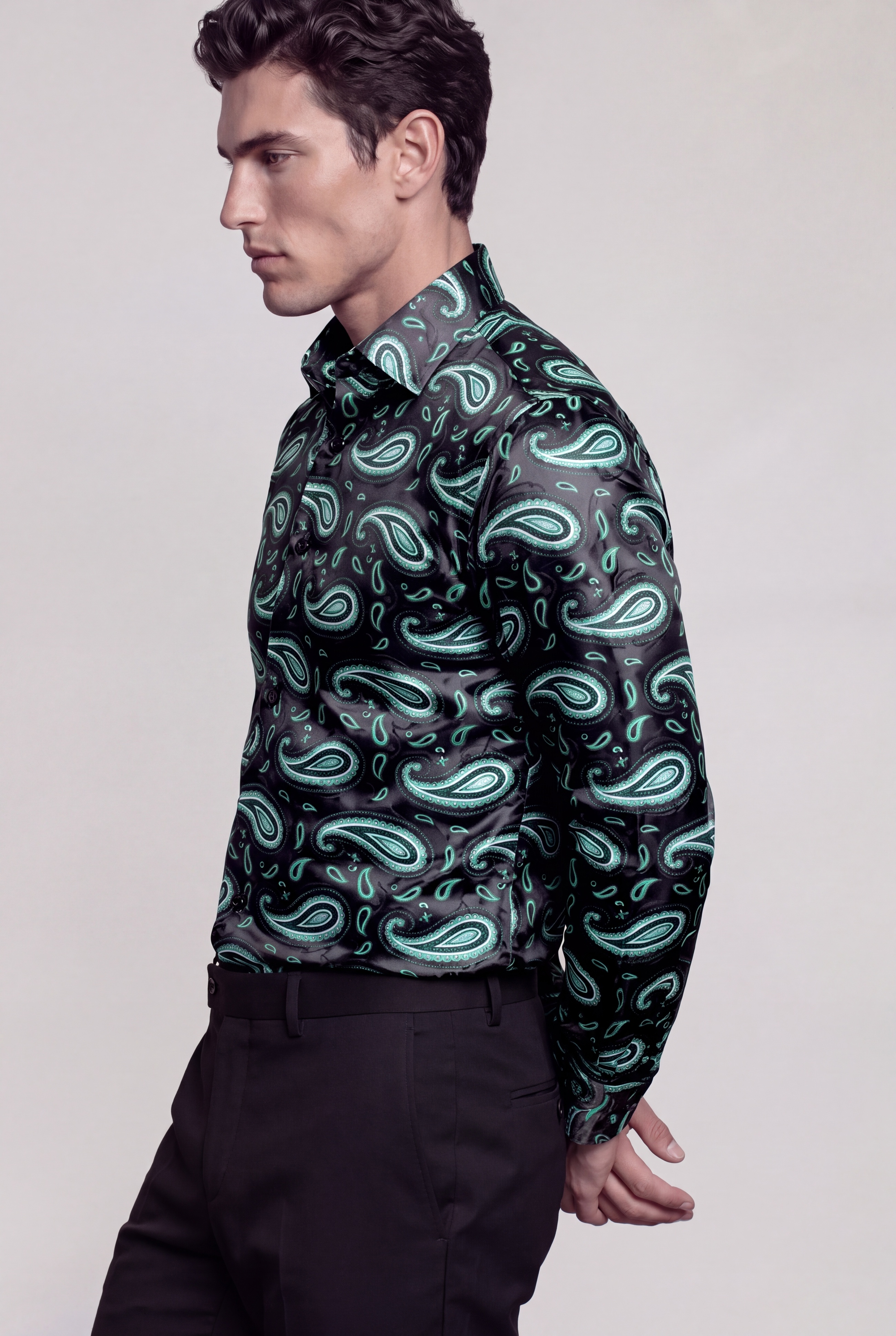 Men’s black and green paisley shirt stylish side pose
