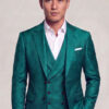 Jacket-length view of a teal green floral three-piece suit with a matching double-breasted vest and open-collar white shirt