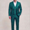 Full-body front view of a teal floral jacket, matching vest and matching dress trousers