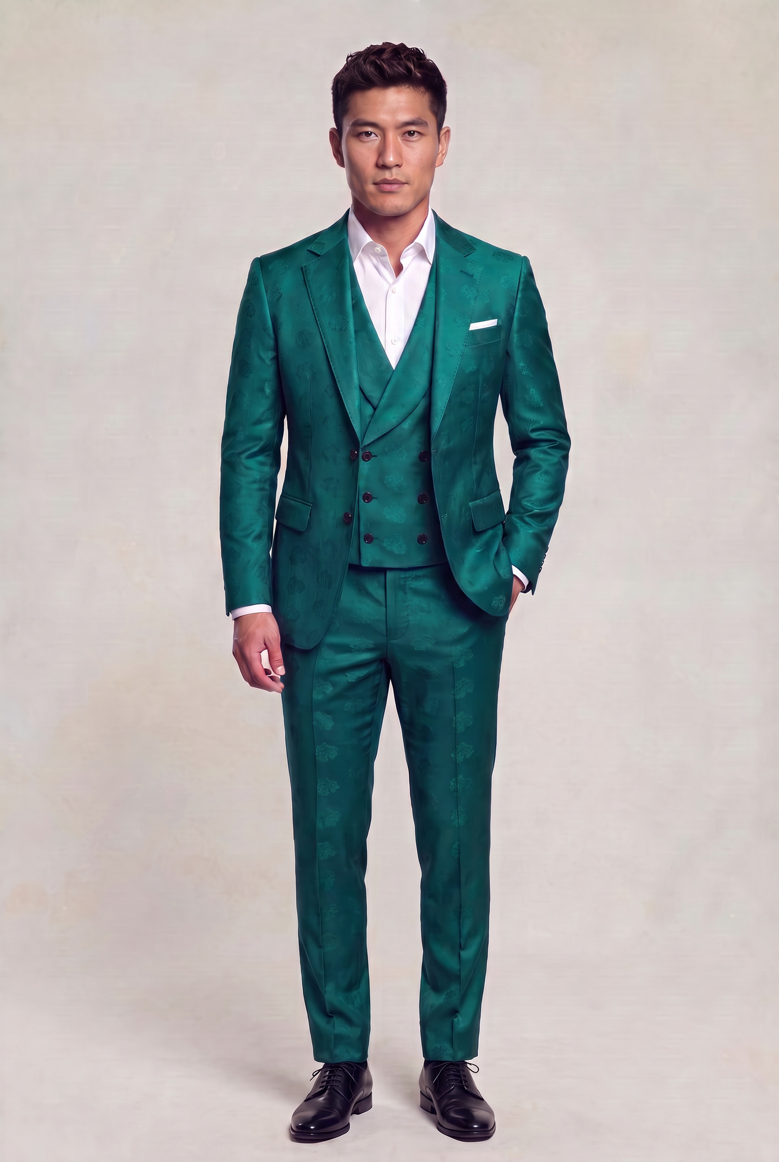 Full-body front view of a teal floral jacket, matching vest and matching dress trousers