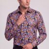 Men’s colorful paisley shirt with model adjusting the collar