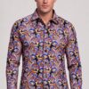 Men’s colorful paisley shirt with gold, red and blue floral pattern from Gentleman’s Guru