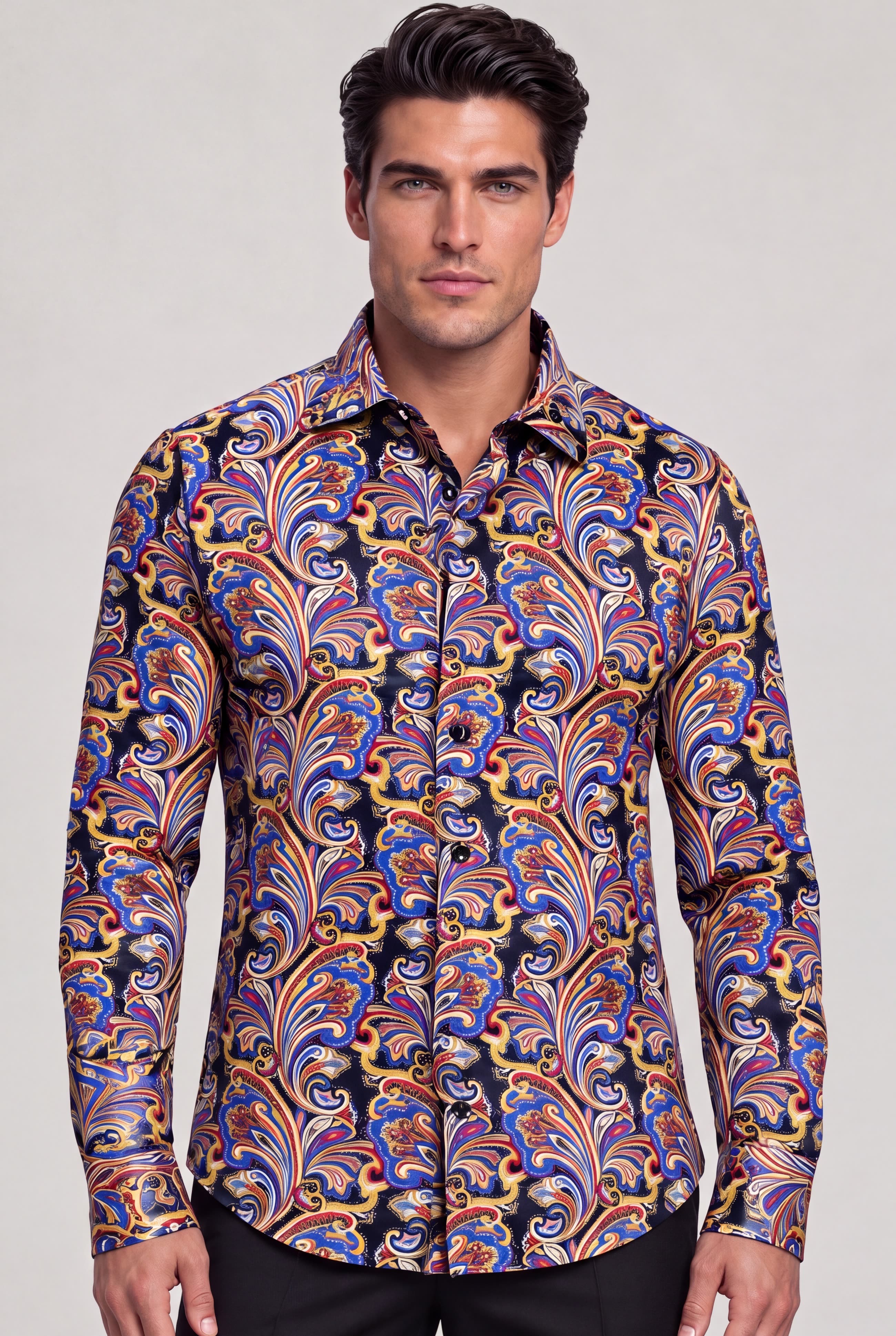 Men’s colorful paisley shirt with gold, red and blue floral pattern from Gentleman’s Guru