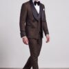 Full-body view of a dark brown three-piece tuxedo with matching trousers