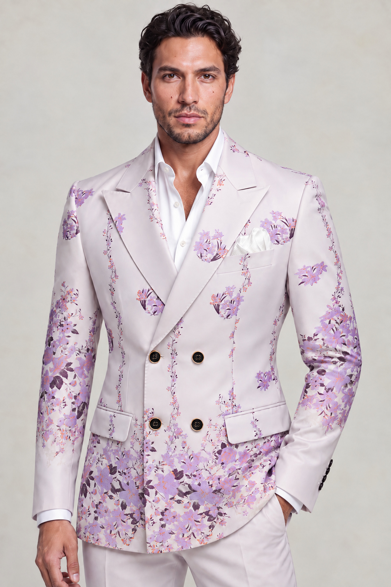 Men's Lavender Suit Open Collar Studio Thumbnail from Gentlemansguru.com
