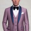 Men’s light plum three-piece tuxedo with wide navy satin shawl lapels and matching trousers