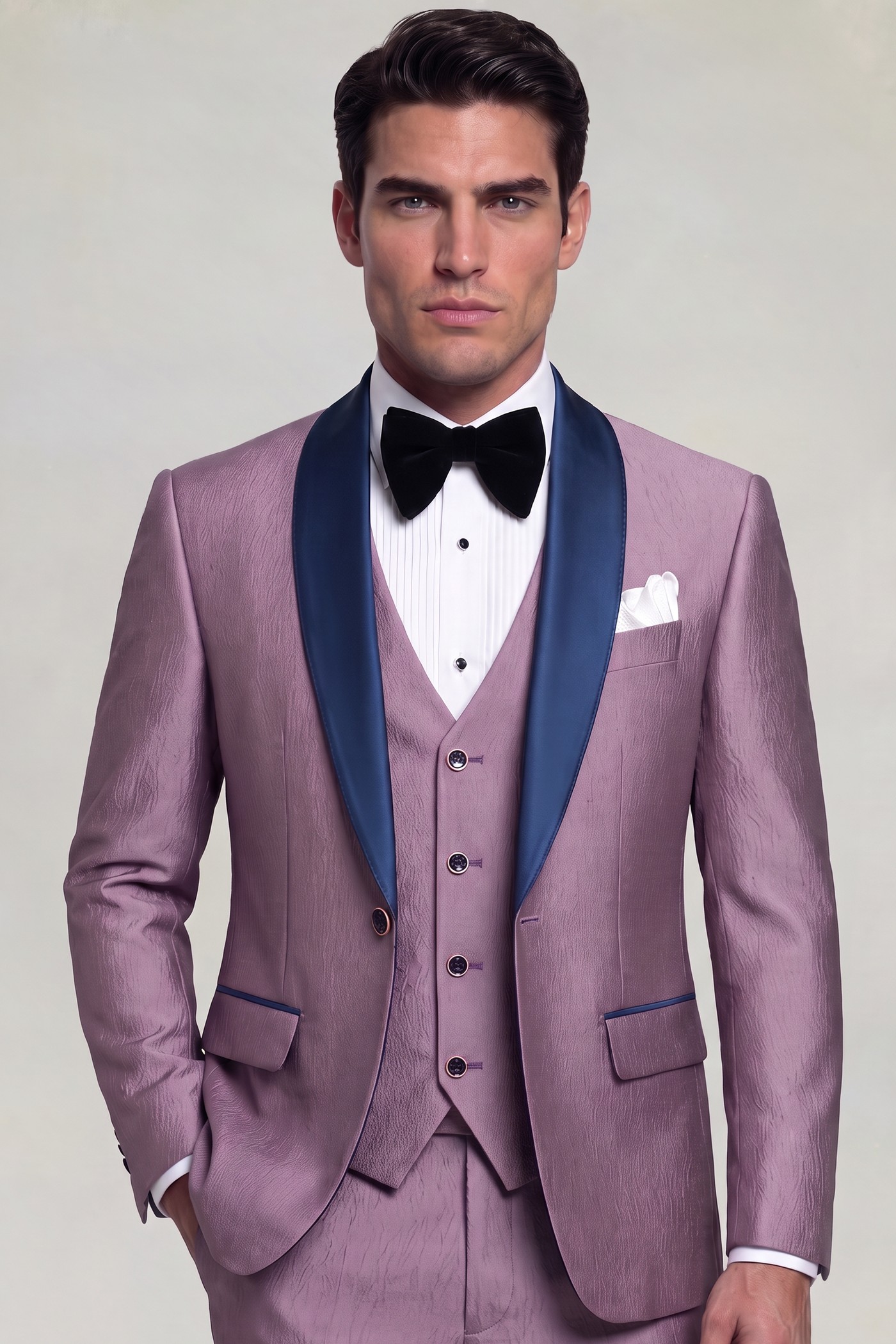 Men’s light plum three-piece tuxedo with wide navy satin shawl lapels and matching trousers
