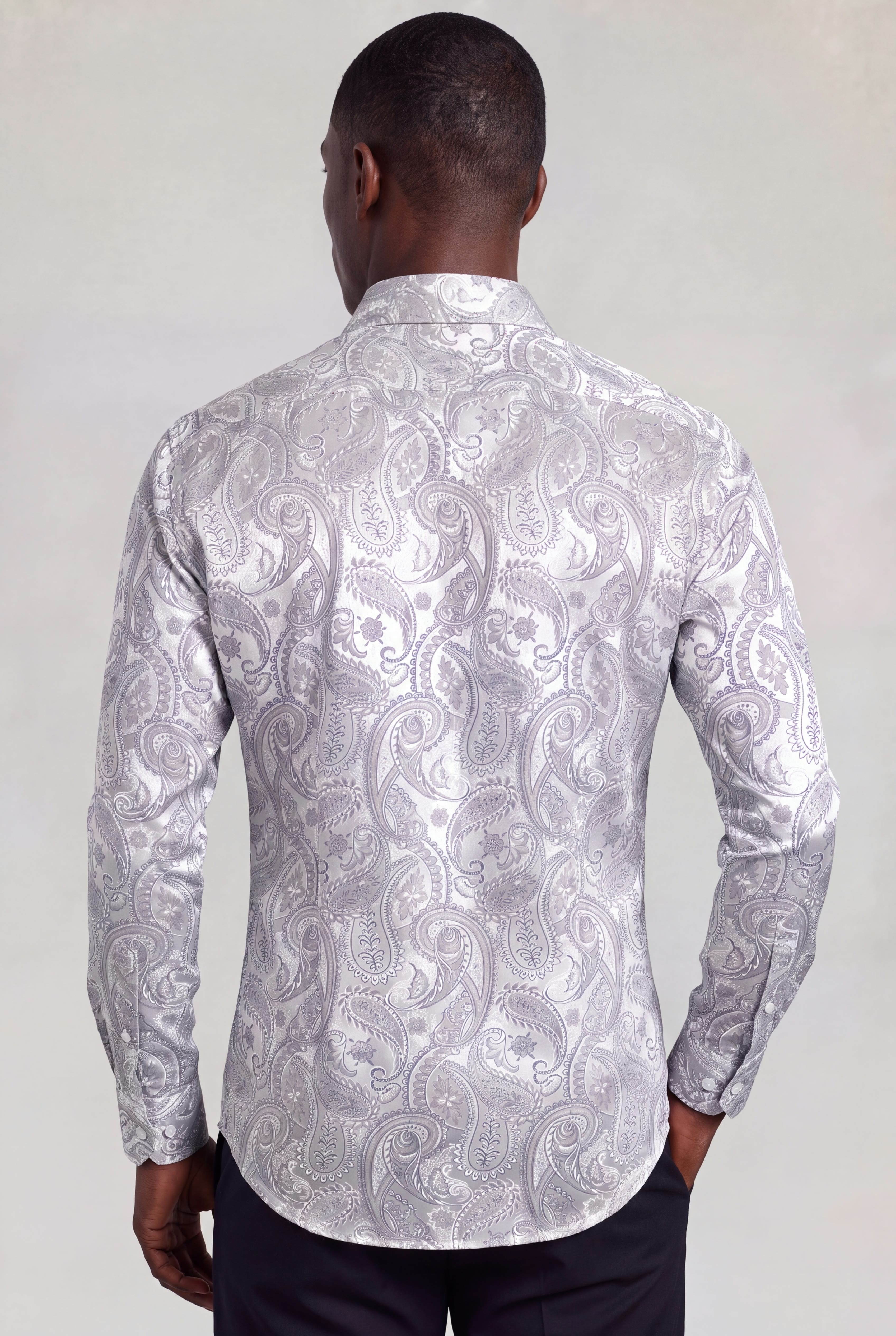 Men’s luxury silver floral dress shirt for weddings and formal events