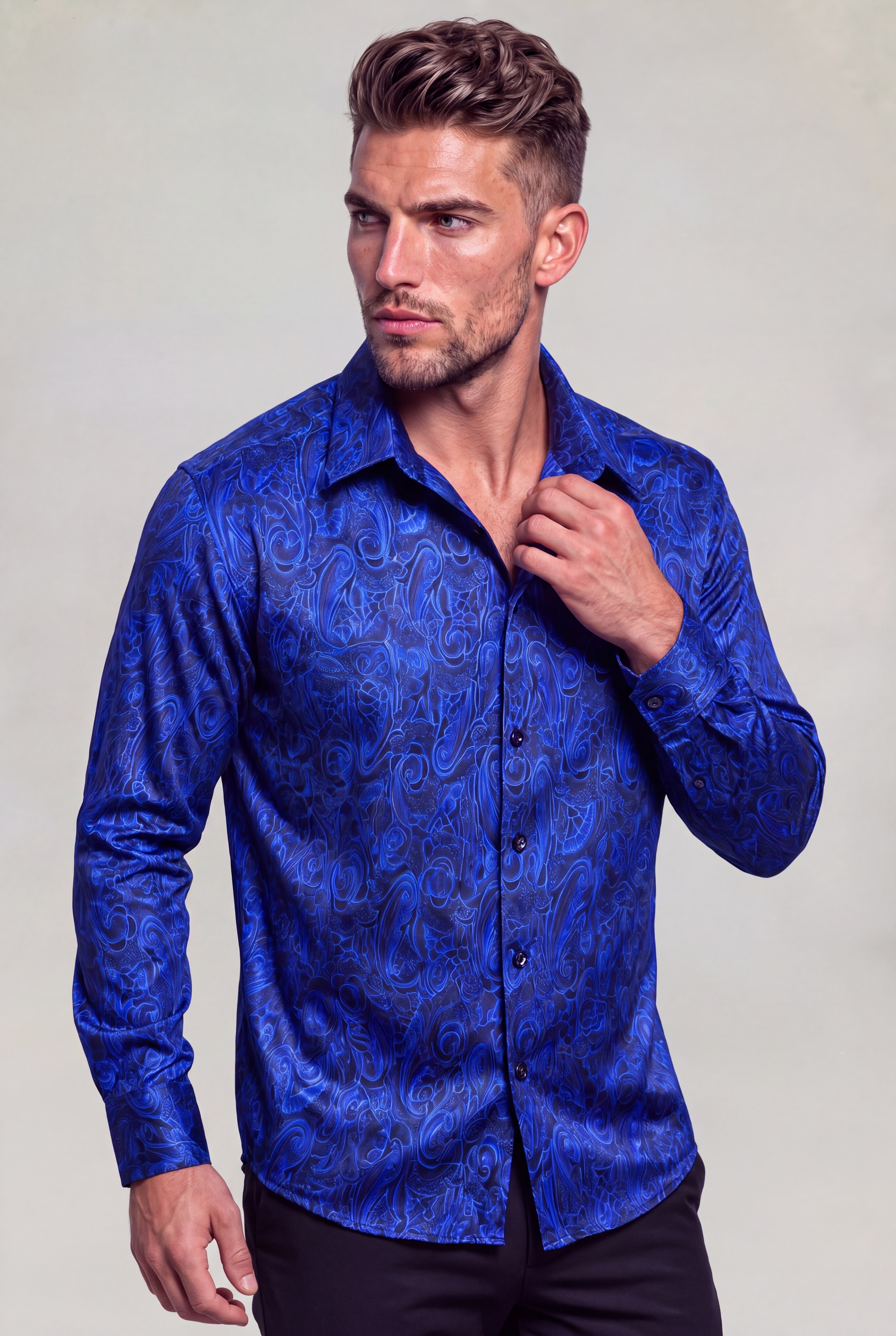 Men's royal blue and black paisley shirt collar pose from Gentleman's Guru