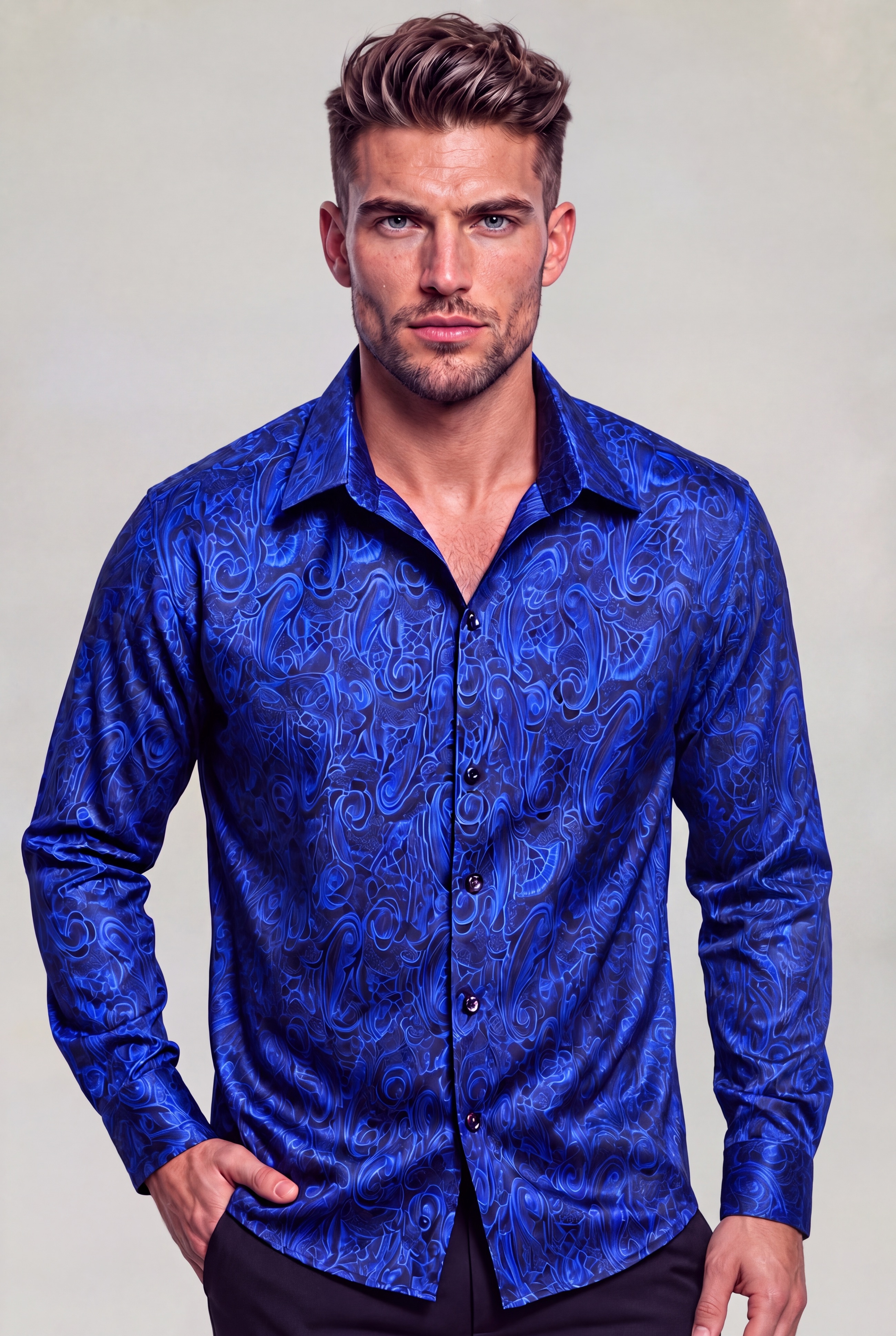 Men's royal blue and black paisley shirt for wedding, prom and formal wear from Gentleman's Guru