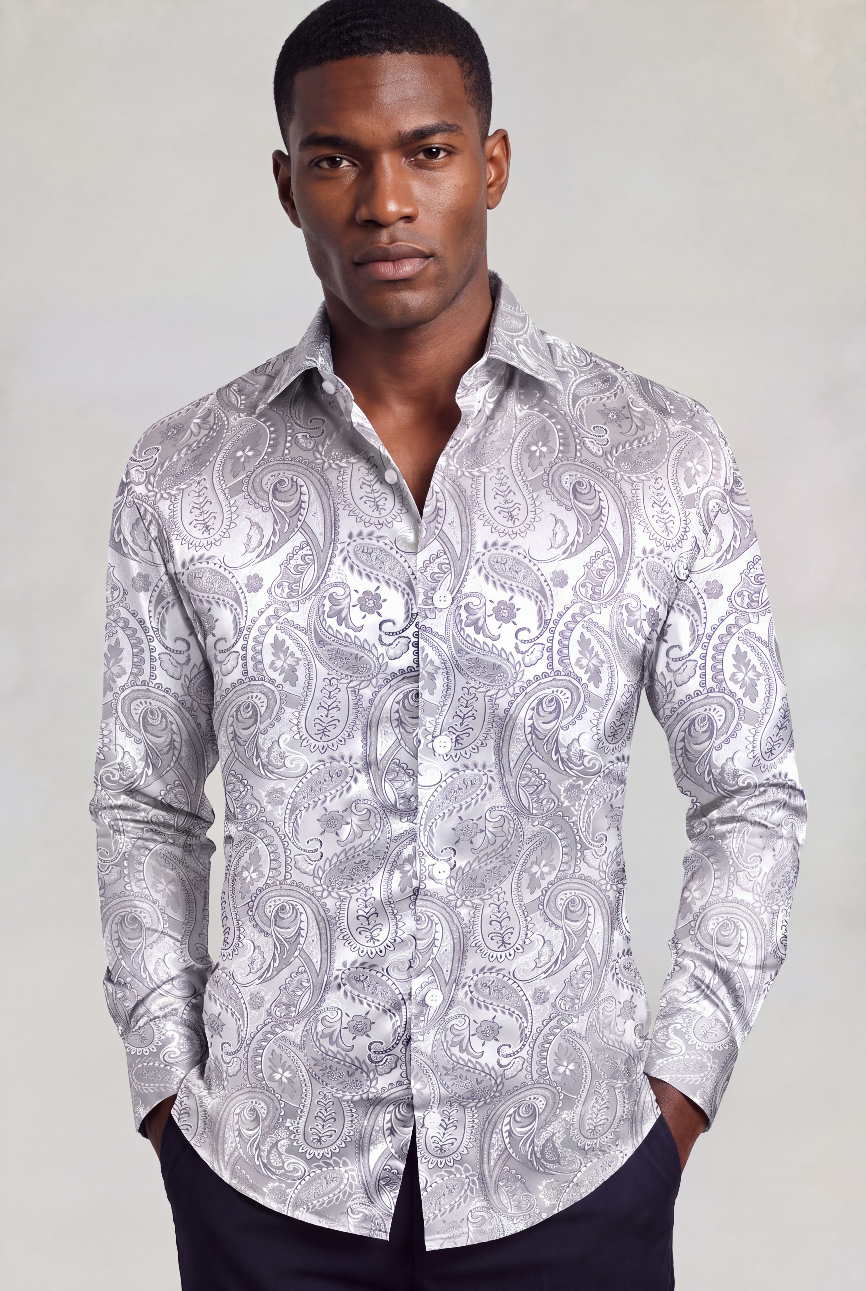 Men’s silver paisley shirt and floral dress shirt for weddings from Gentleman’s Guru
