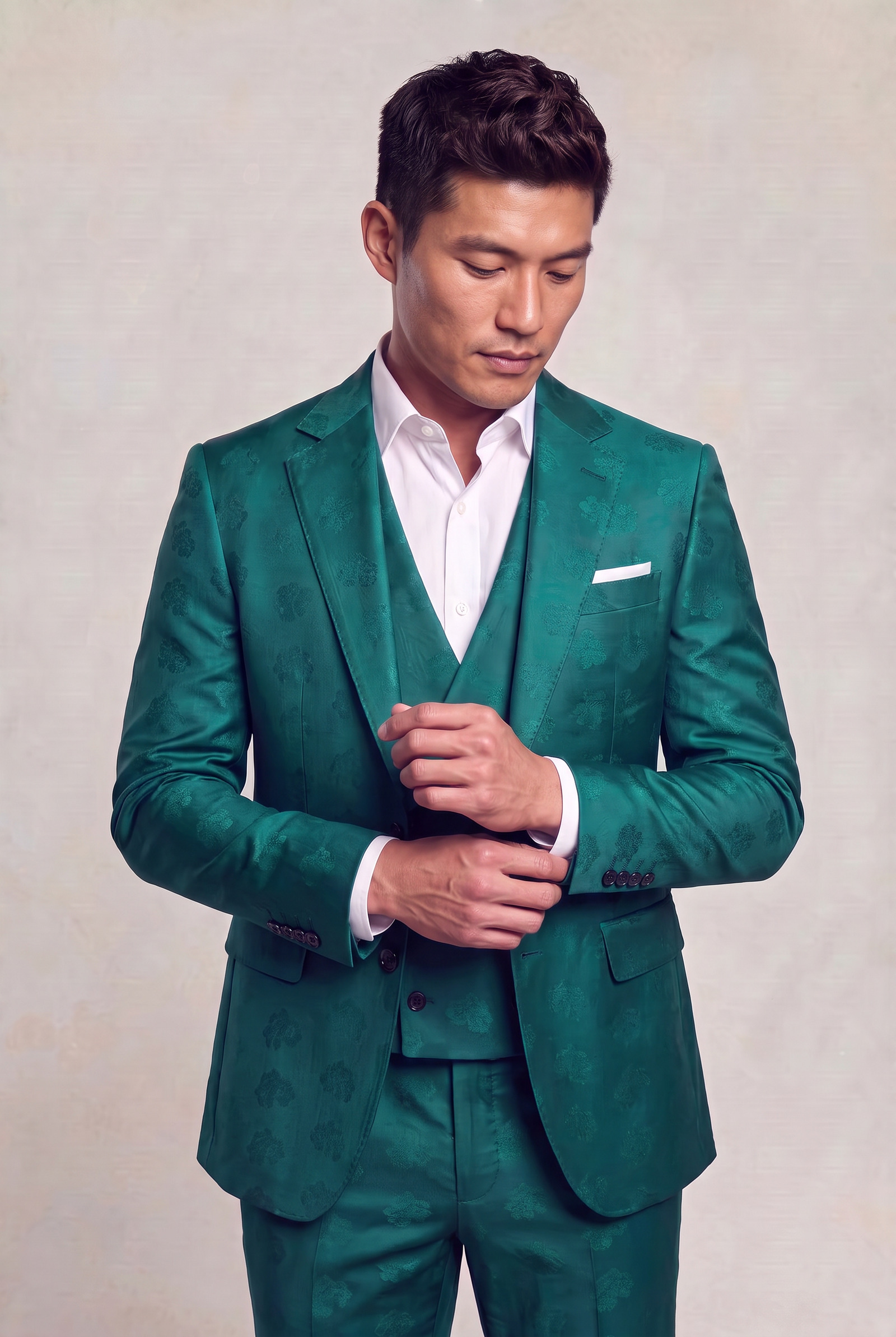 Model looking down while adjusting a cuff in a teal floral suit with matching trousers