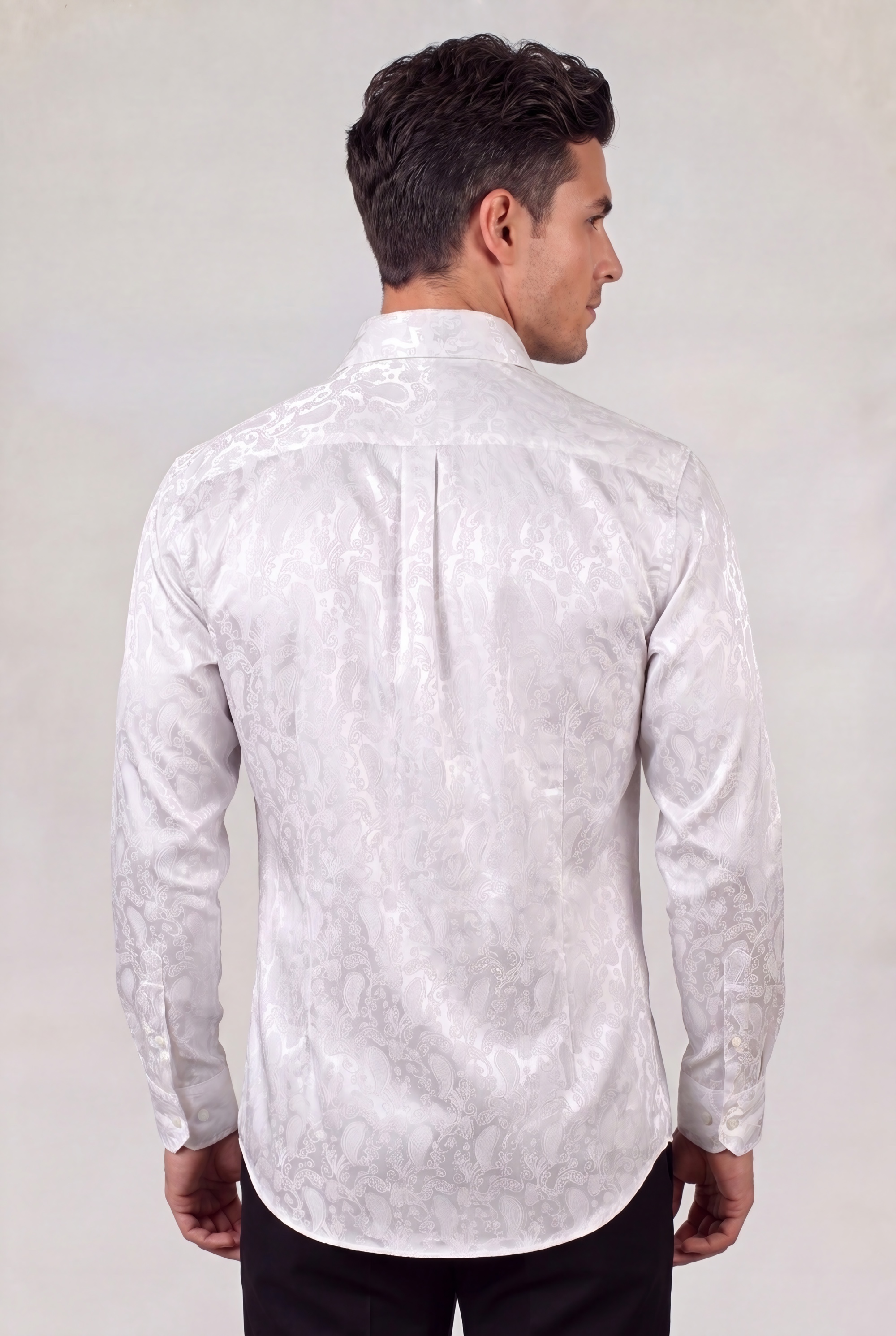 Men's white paisley homecoming dress shirt with a luxury floral pattern from Gentleman's Guru