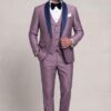 Full-length light plum three-piece tuxedo with navy satin shawl lapels