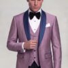 Light plum tuxedo jacket and four-button vest with solid black dress pants