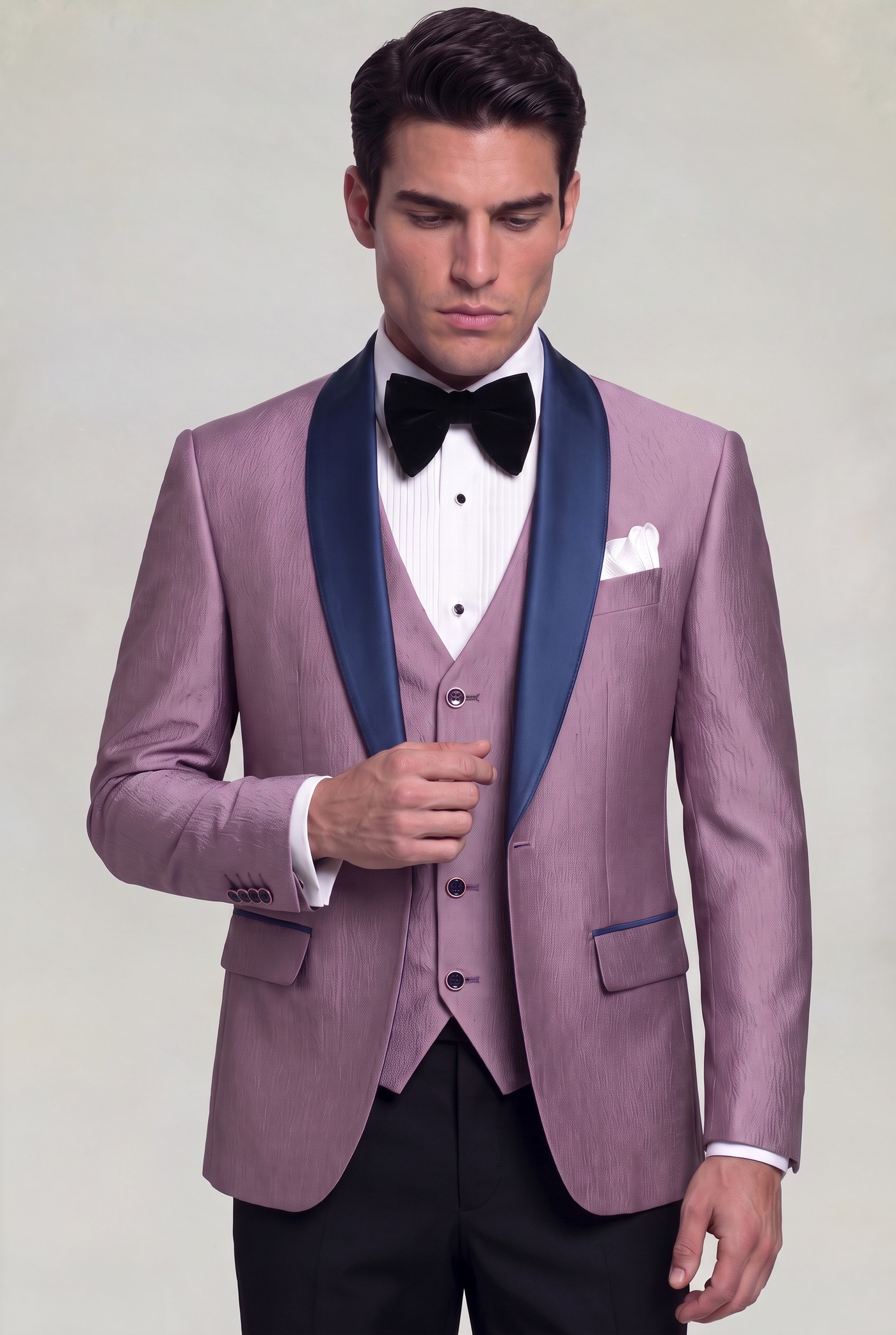 Light plum tuxedo jacket and four-button vest with solid black dress pants