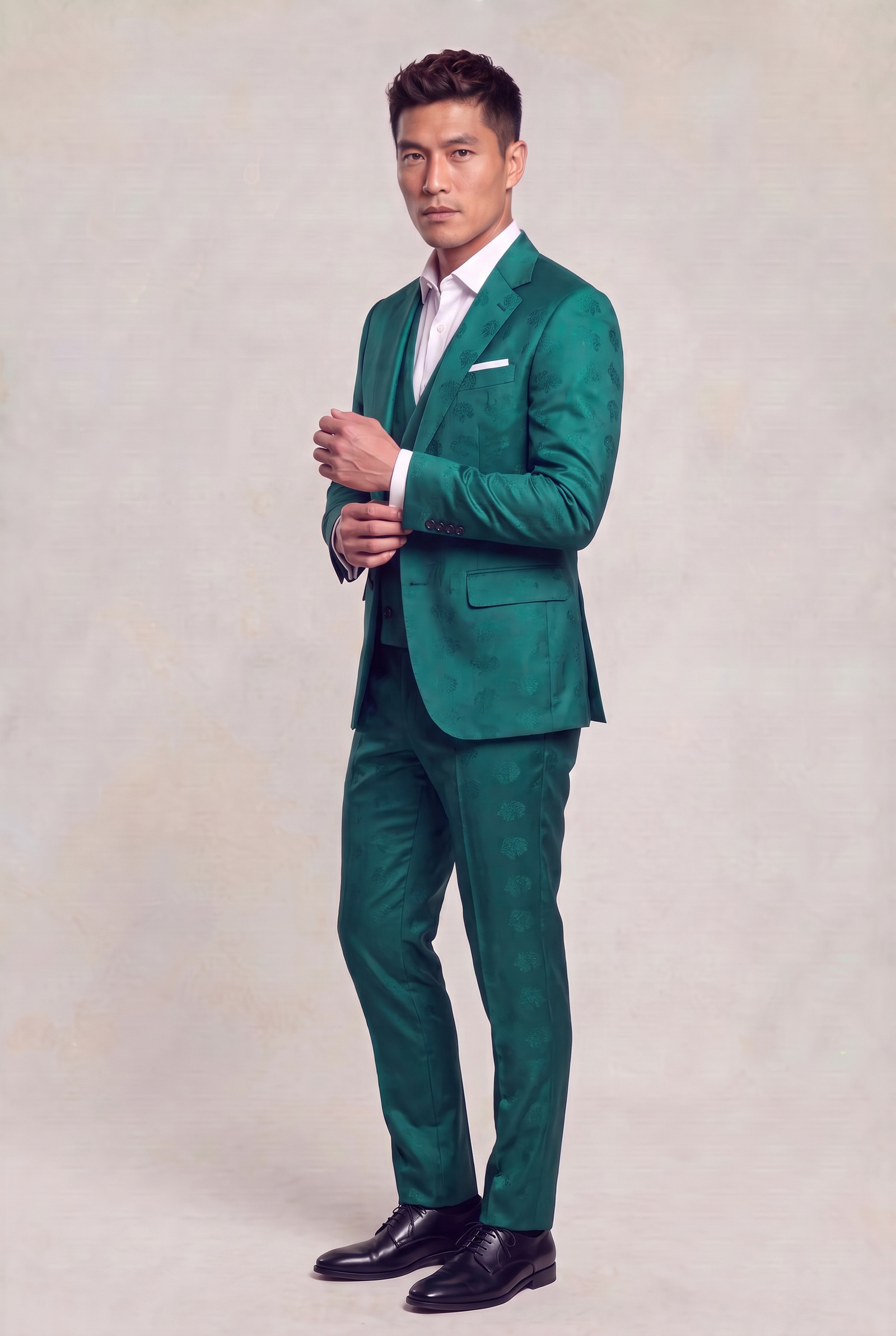 Three-quarter full-body view of a teal green floral three-piece suit while adjusting a shirt cuff