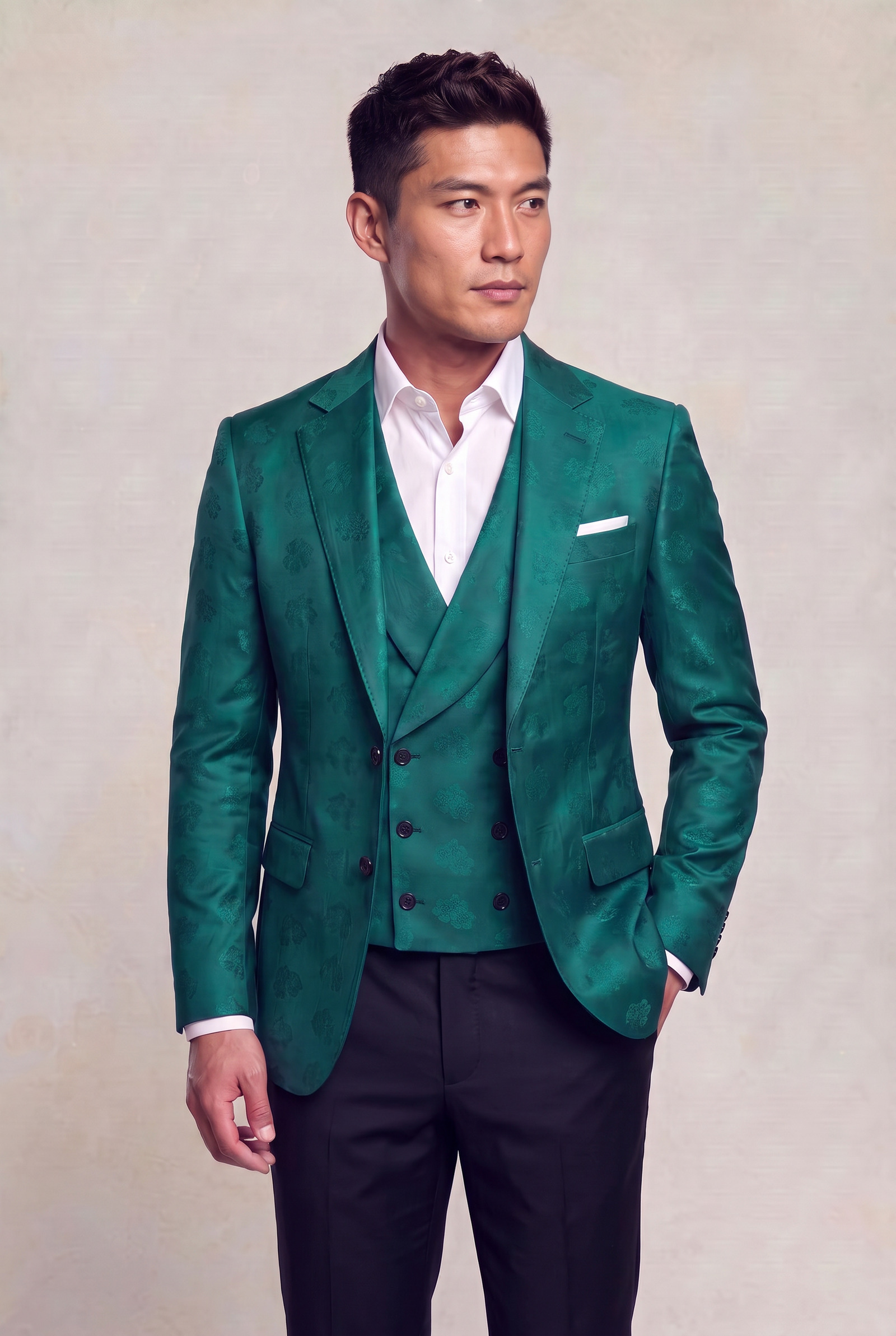 Teal green floral jacket and matching waistcoat styled with solid black dress pants
