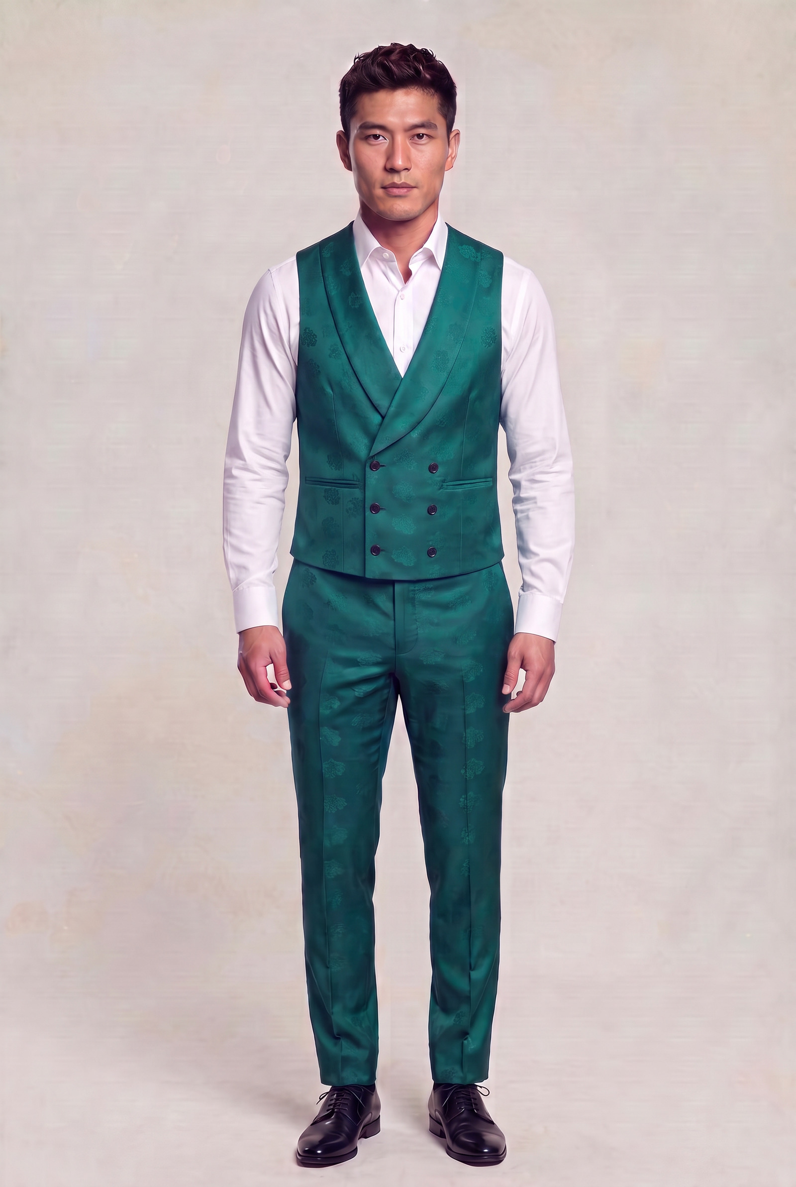 Full-body view of a teal green floral vest and matching trousers worn with an open-collar white shirt