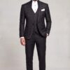 Full-length black floral mandarin suit with solid black trousers