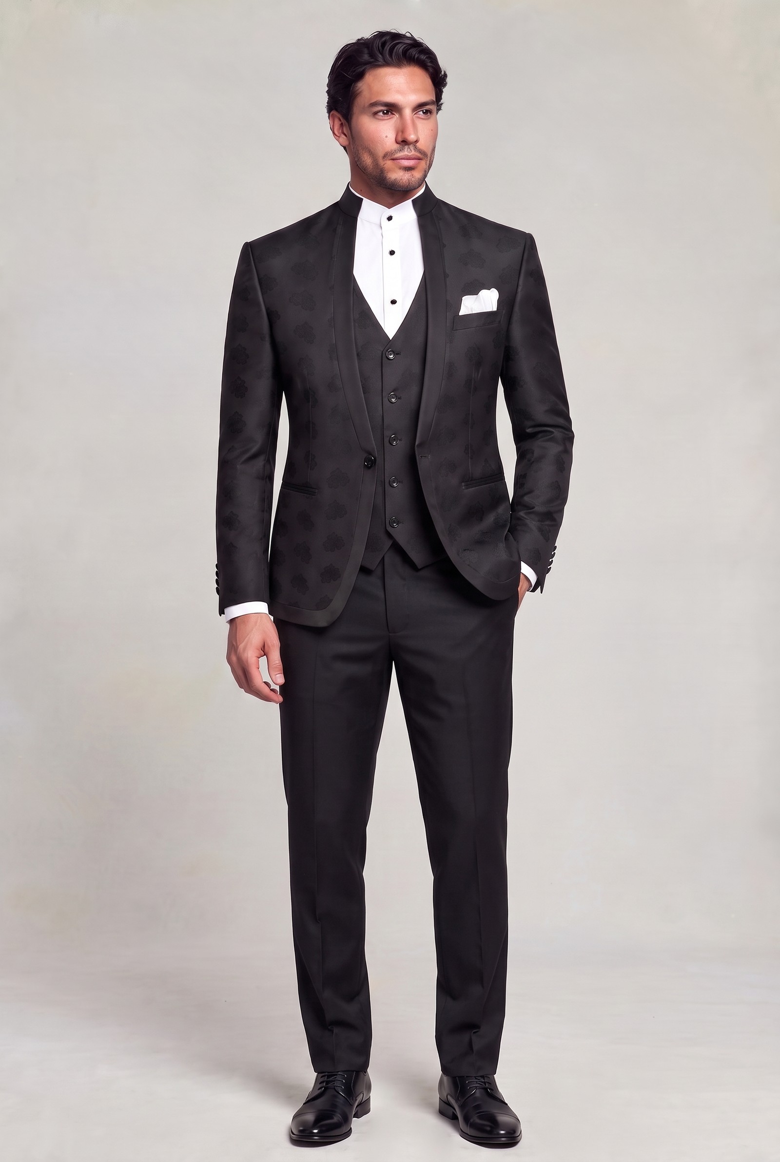 Full-length black floral mandarin suit with solid black trousers