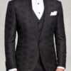Black floral mandarin suit standing collar and single-button jacket detail