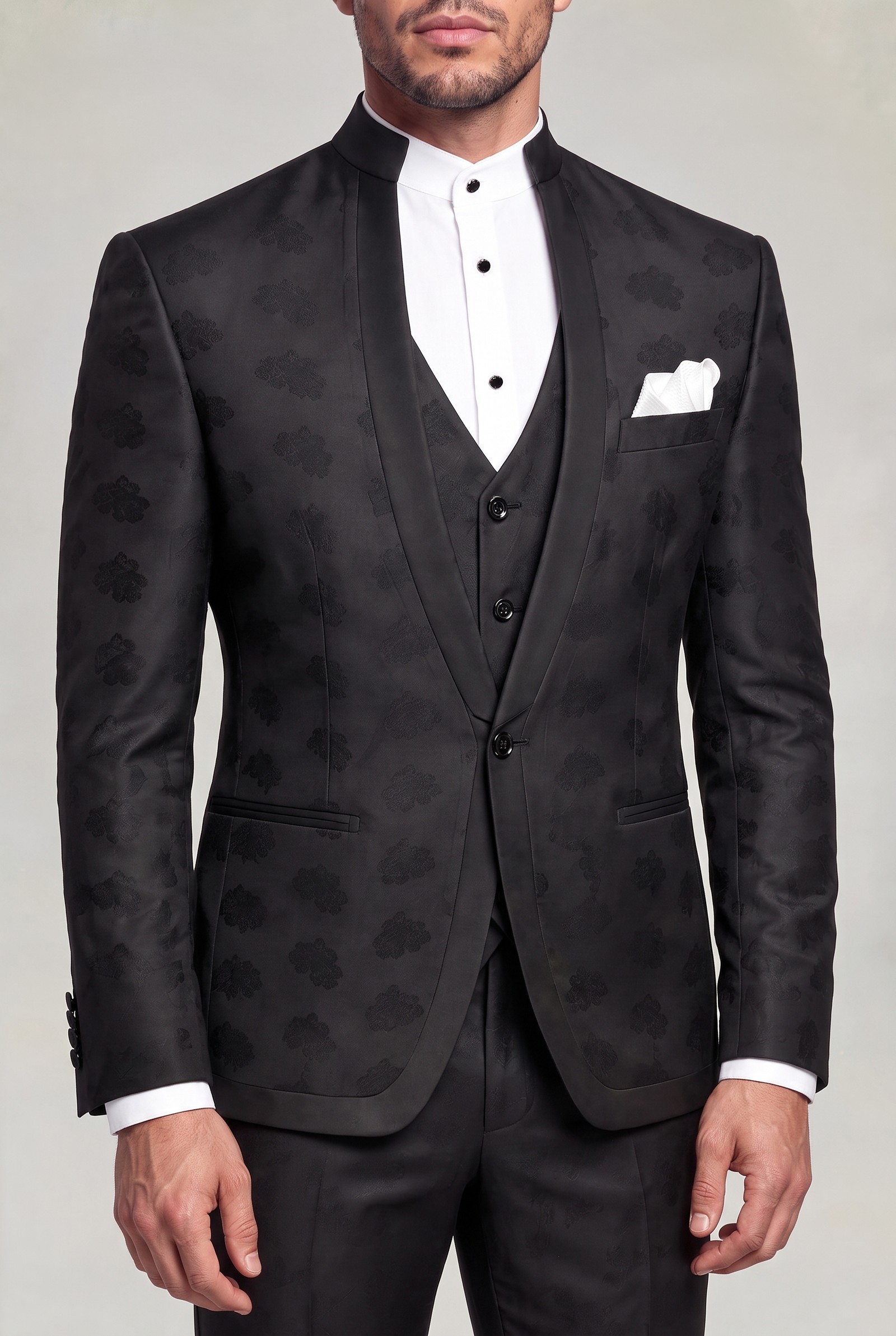 Black floral mandarin suit standing collar and single-button jacket detail