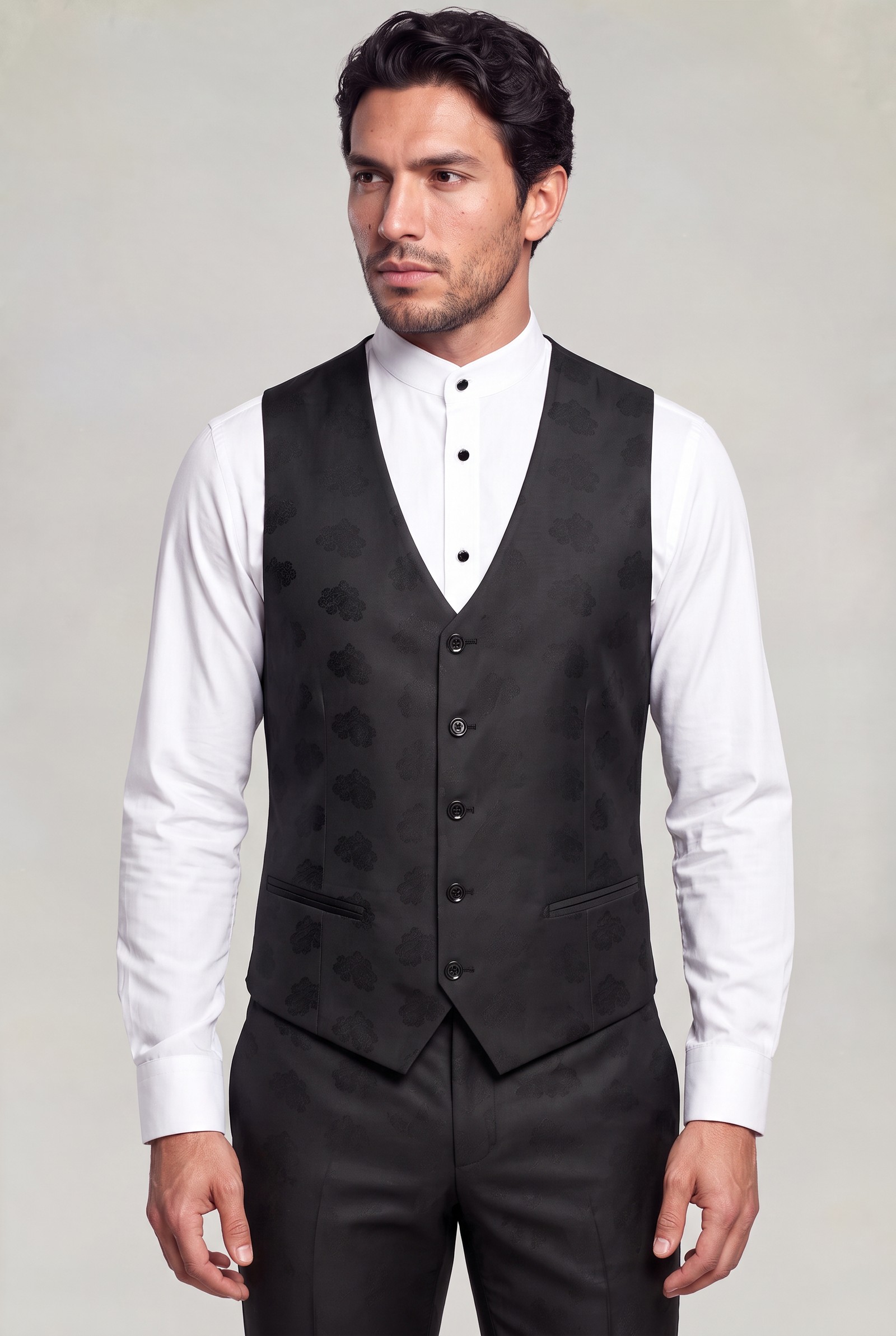 Five-button floral vest with V neckline and white mandarin-collar shirt