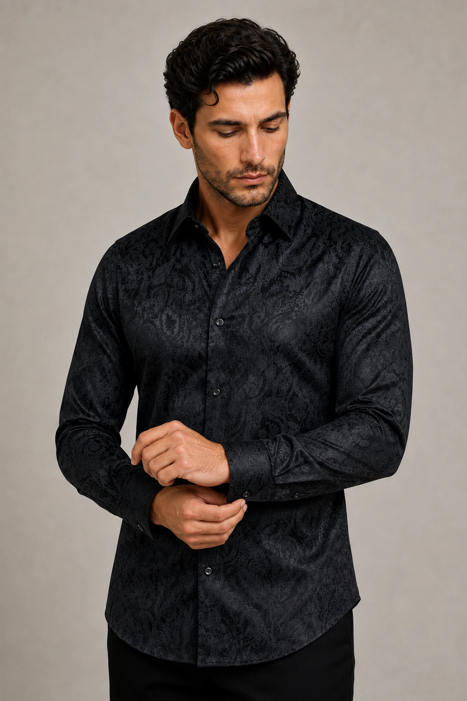 Black paisley long sleeve dress shirt with cuff styling from Gentleman's Guru
