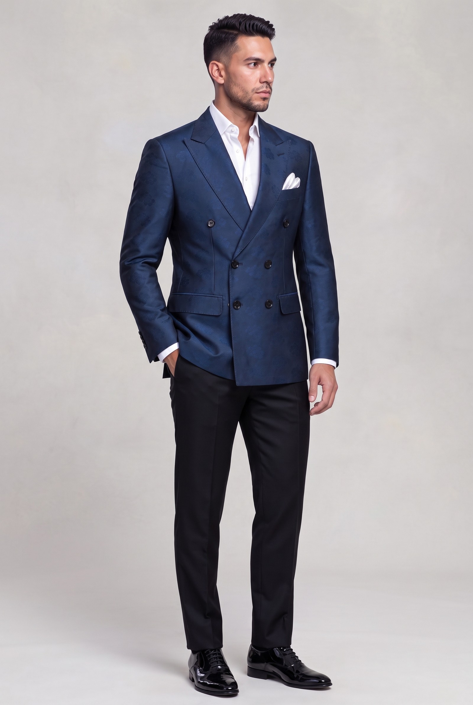 Full-length dark blue floral jacket with plain black trousers and polished shoes