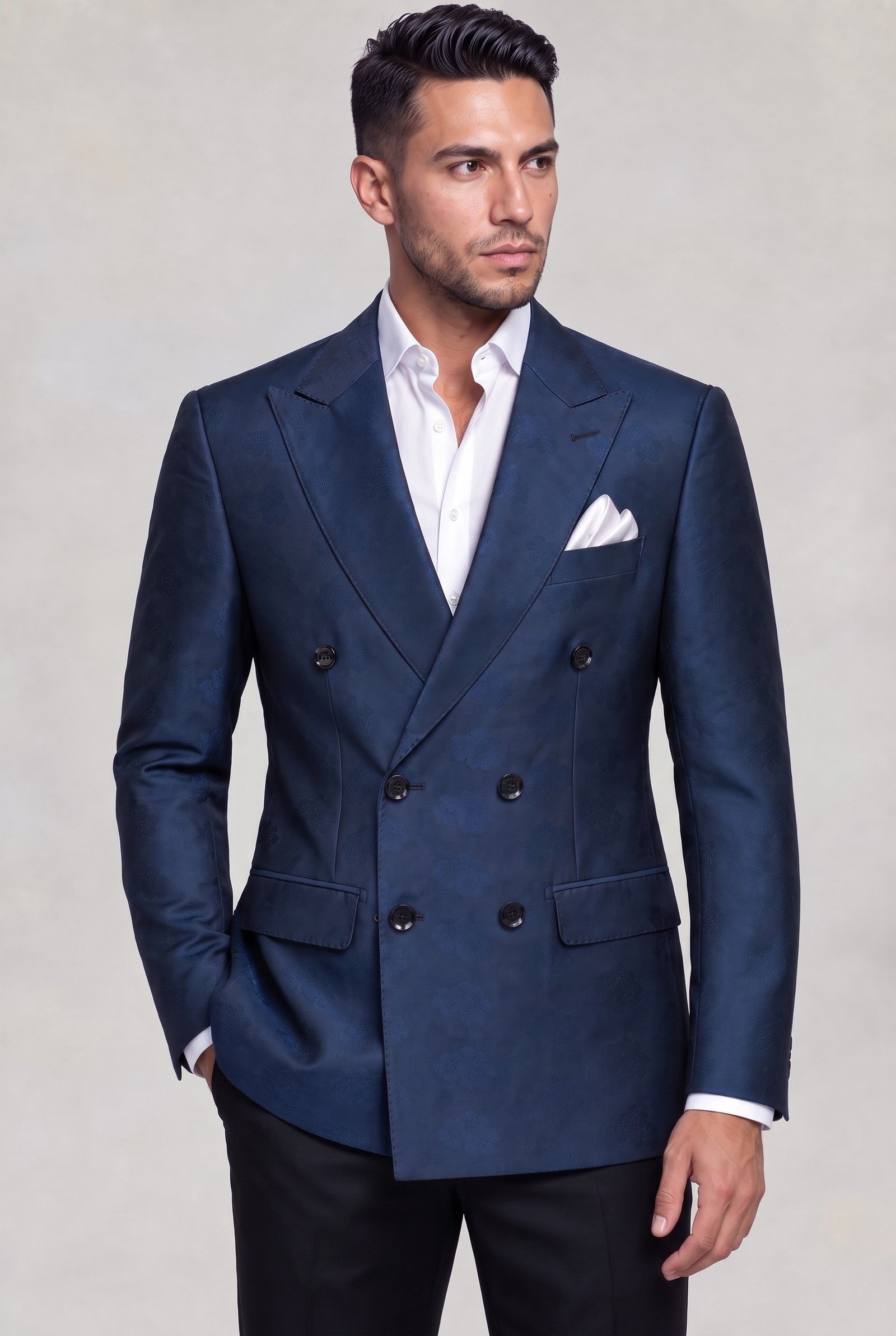 Dark blue floral jacket with open white shirt and plain black trousers