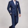 Full-length dark blue floral two-piece suit with matching patterned trousers