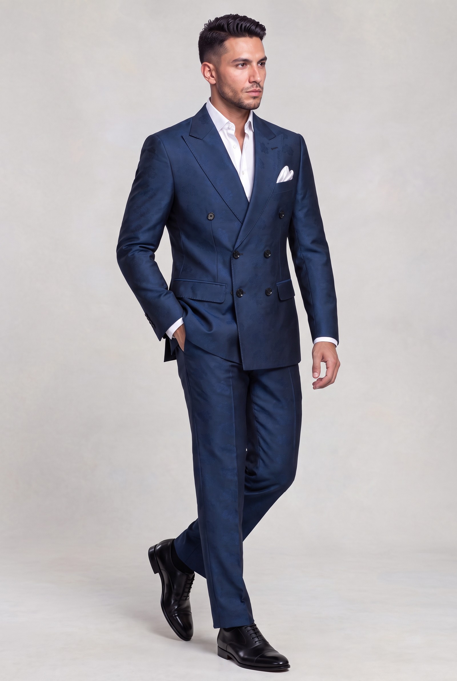 Full-length dark blue floral two-piece suit with matching patterned trousers