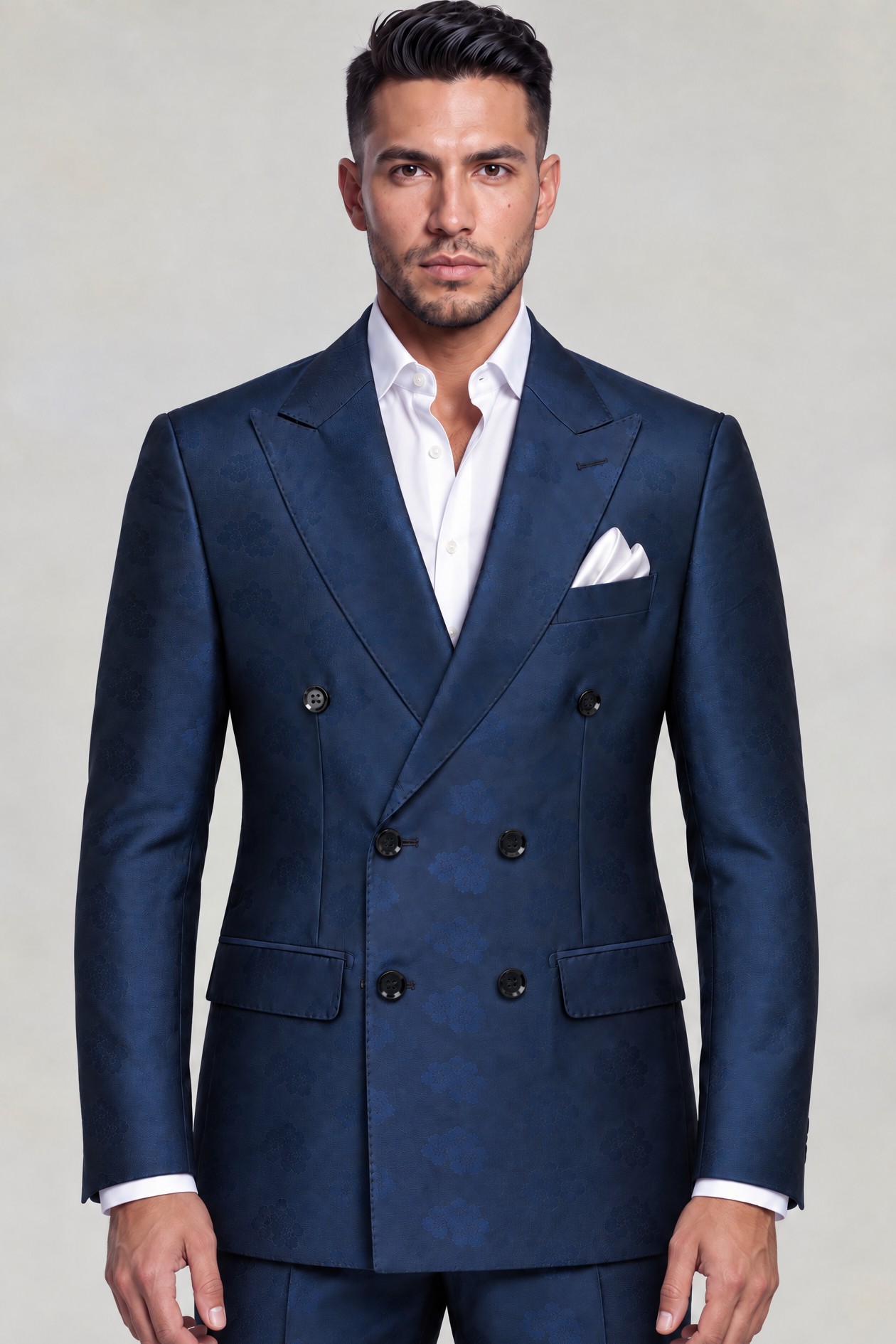 Men's dark blue suit with six-button double-breasted jacket and open-collar shirt