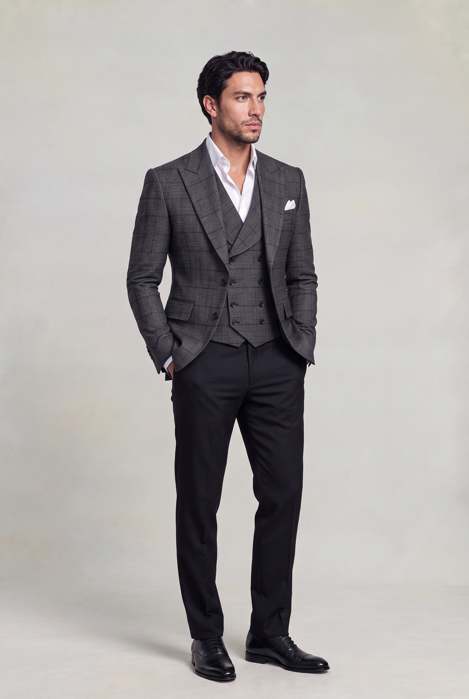 Full-length dark grey plaid jacket and vest with plain black trousers and open white shirt
