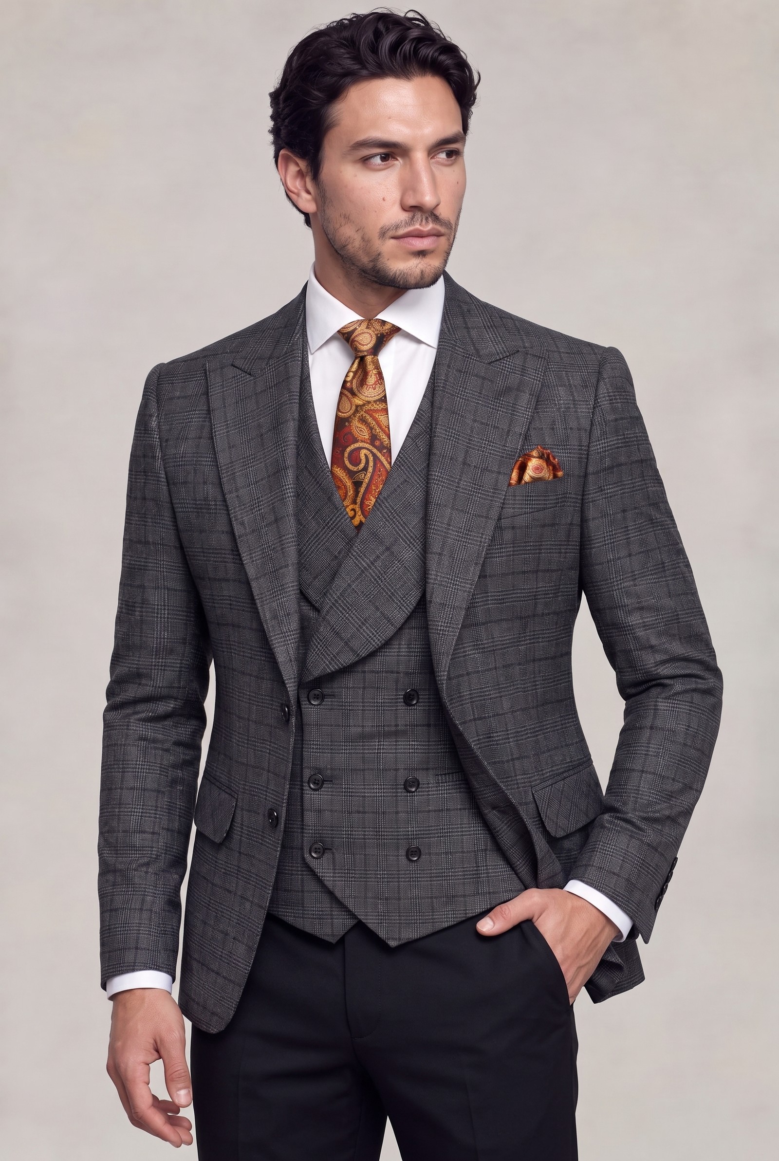 Dark grey plaid jacket and six-button vest with solid black trousers