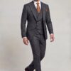 Full-length dark grey plaid three-piece suit with matching trousers