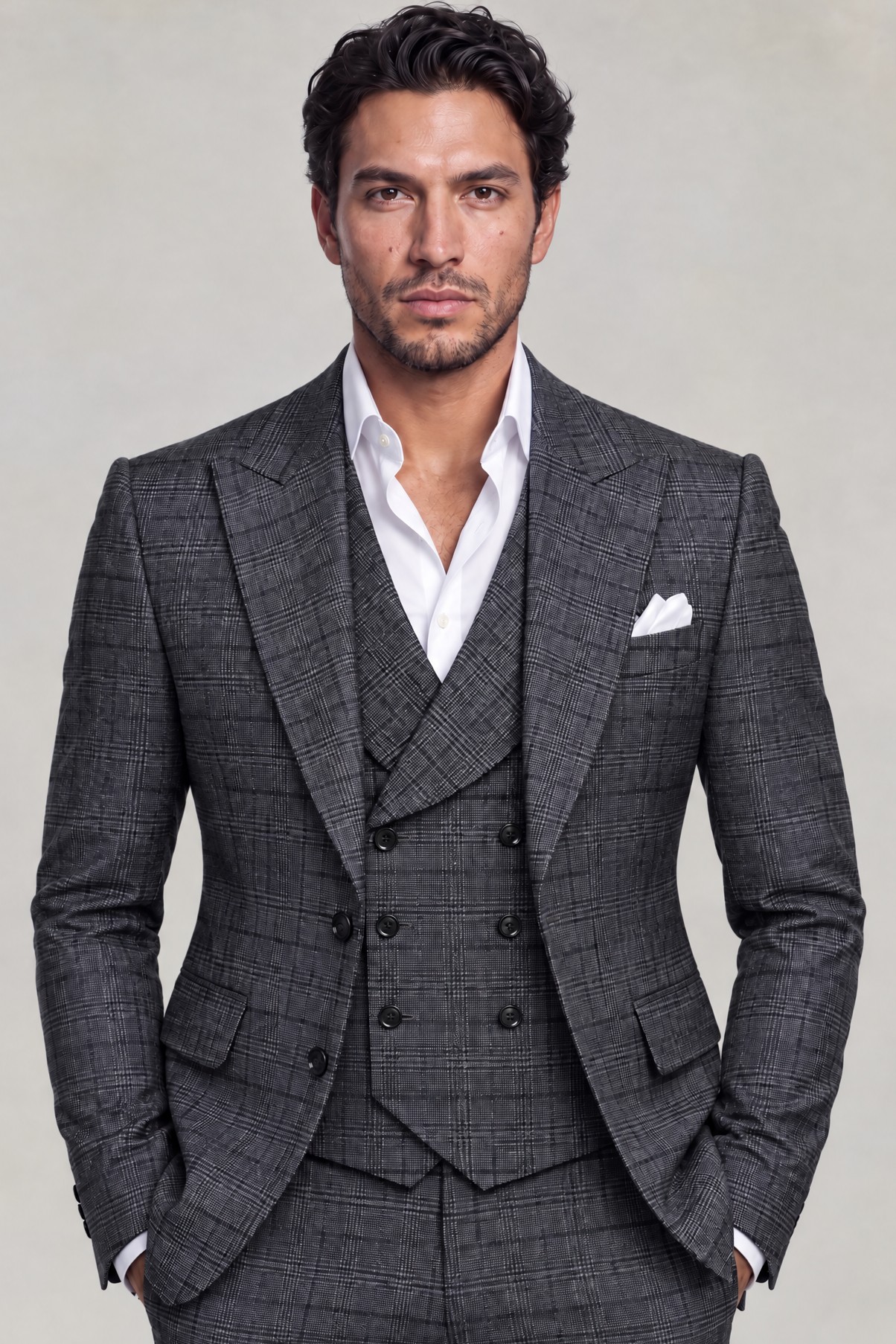 Dark grey plaid three-piece suit with open white shirt and white pocket square