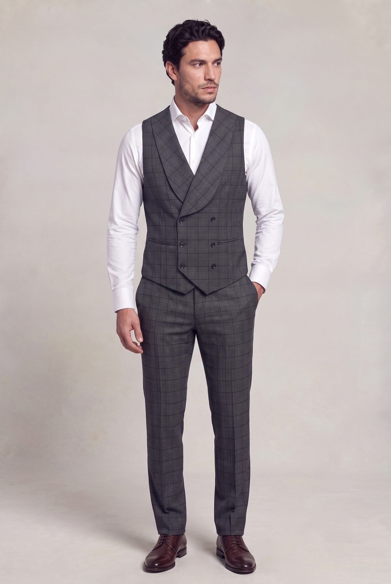 Full-length plaid vest and matching trousers with open-collar white shirt