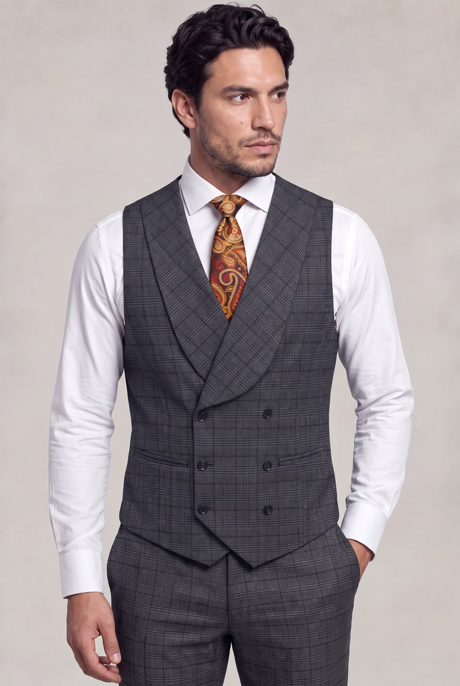 Six-button double-breasted plaid vest with broad overlapping shawl collar