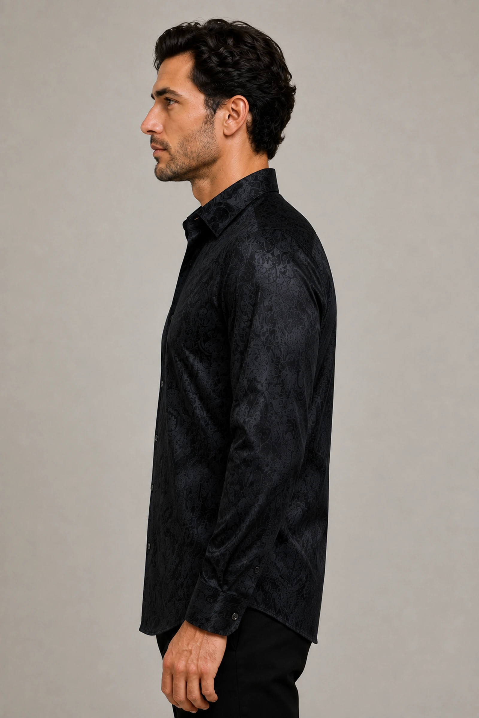 Designer black paisley prom shirt shown from the side from Gentleman's Guru