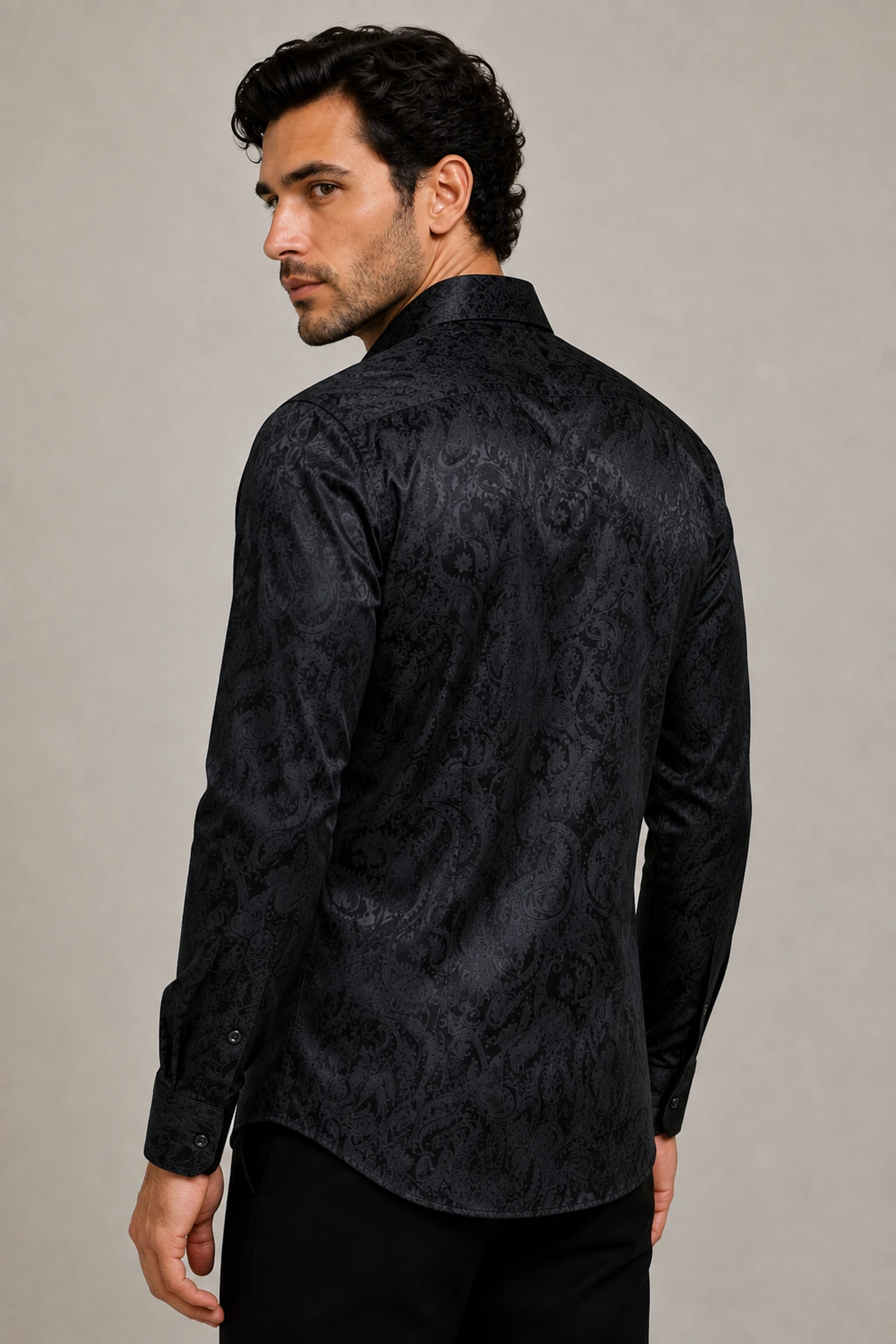 Elegant black paisley party shirt shown from the back from Gentleman's Guru